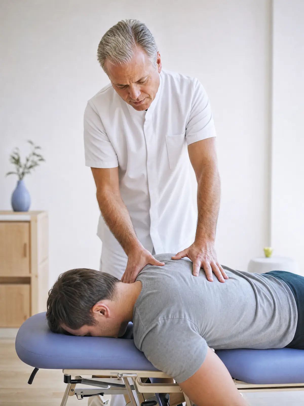 A chiropractor with both hands on a patient's shoulder and upper back on a treatment table