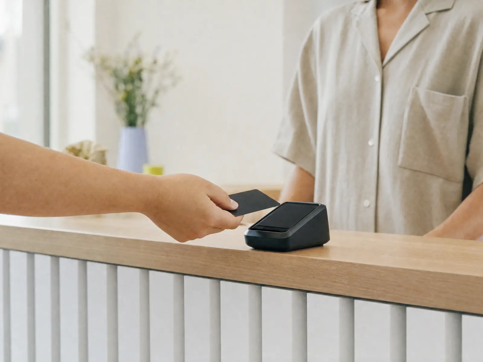 A client tapping a card on a plain contactless reader resting on a pale wood counter